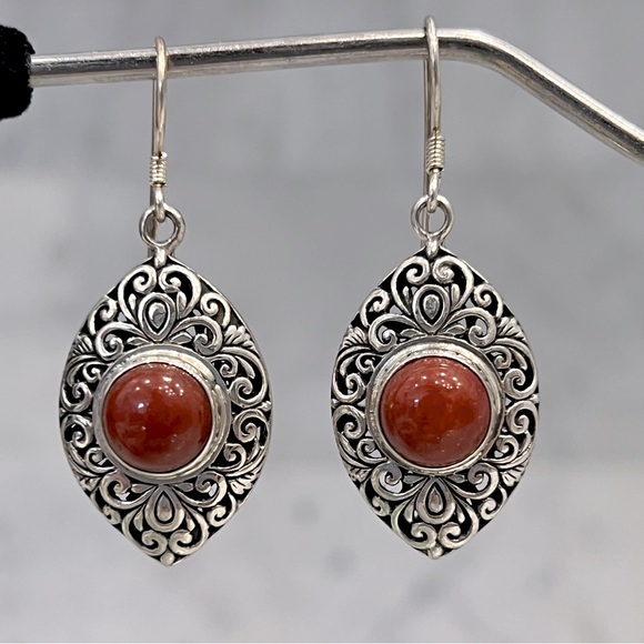 Burmese Red Jade Sterling Silver Scrolled Detail Teardrop Drop Earrings
